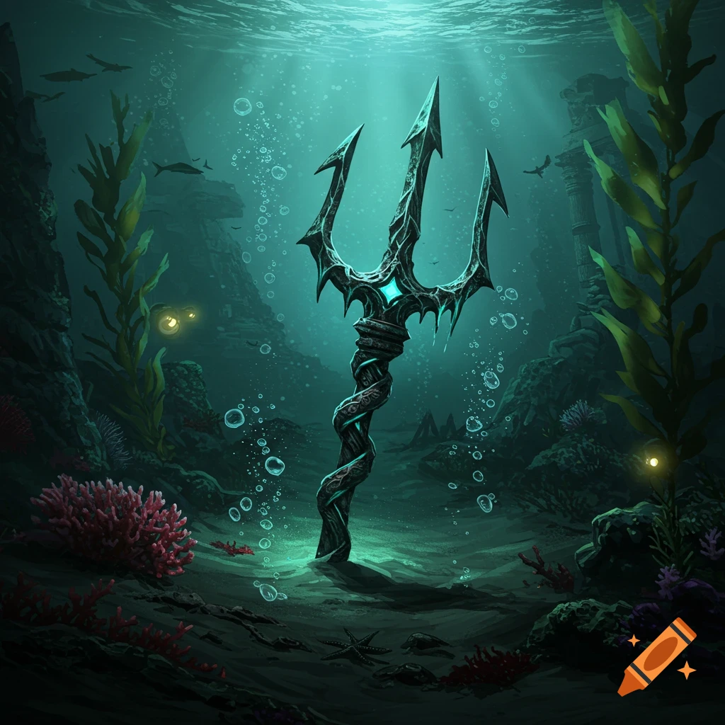 Ancient trident on the ocean floor near ruins, kelp, and bioluminescent life