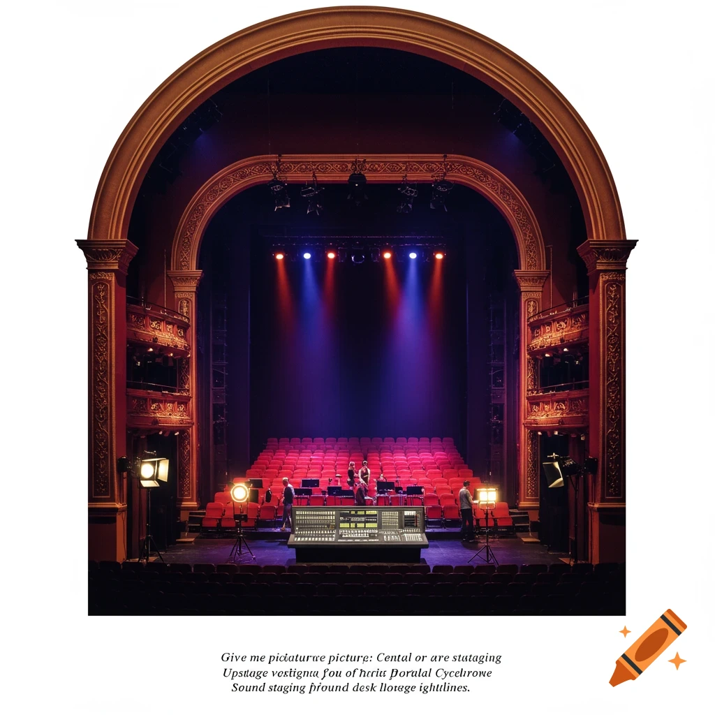 A theatre stage is set with red seats, lighting rigs, and a sound mixing desk.