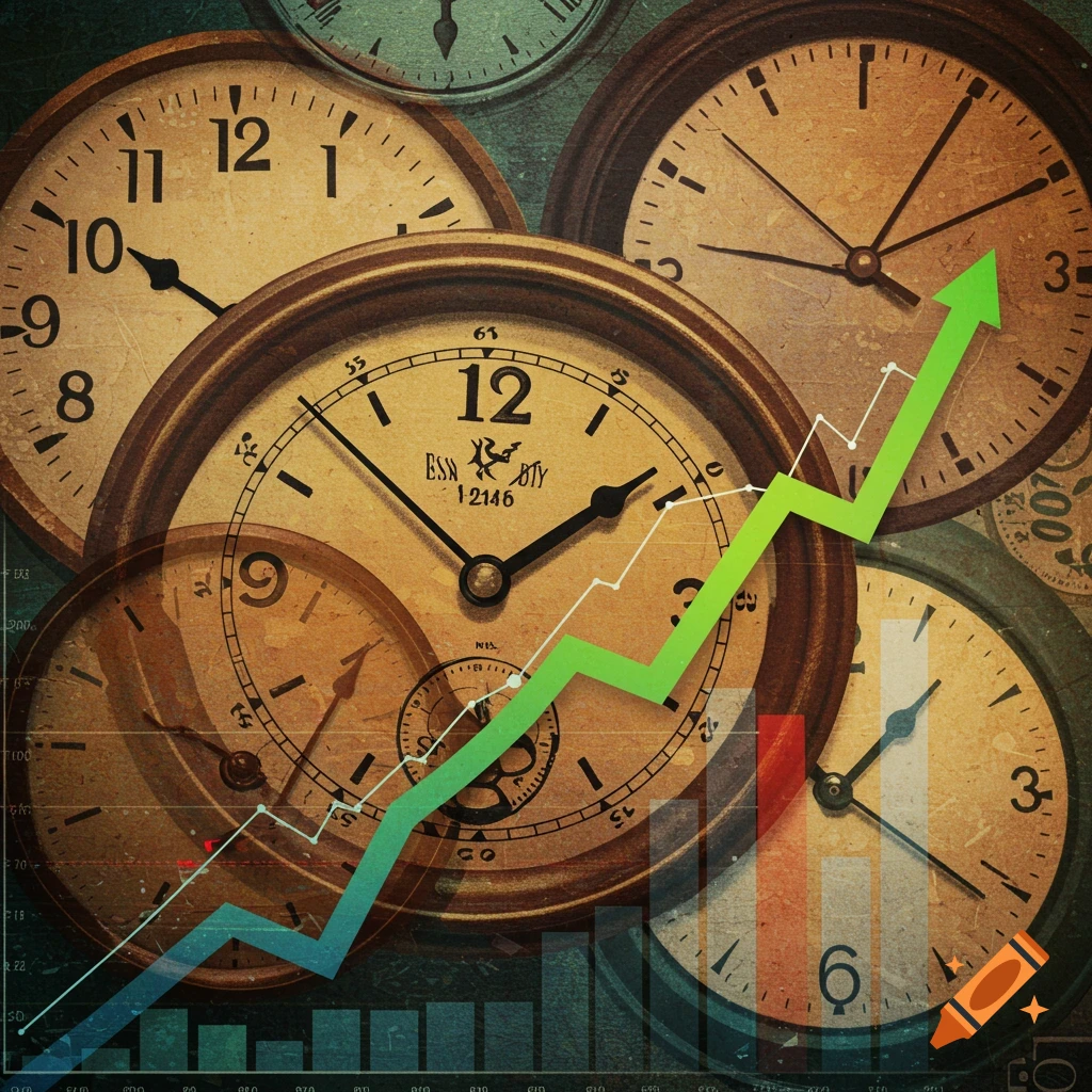 Multiple clocks overlaid with a green rising arrow graph.