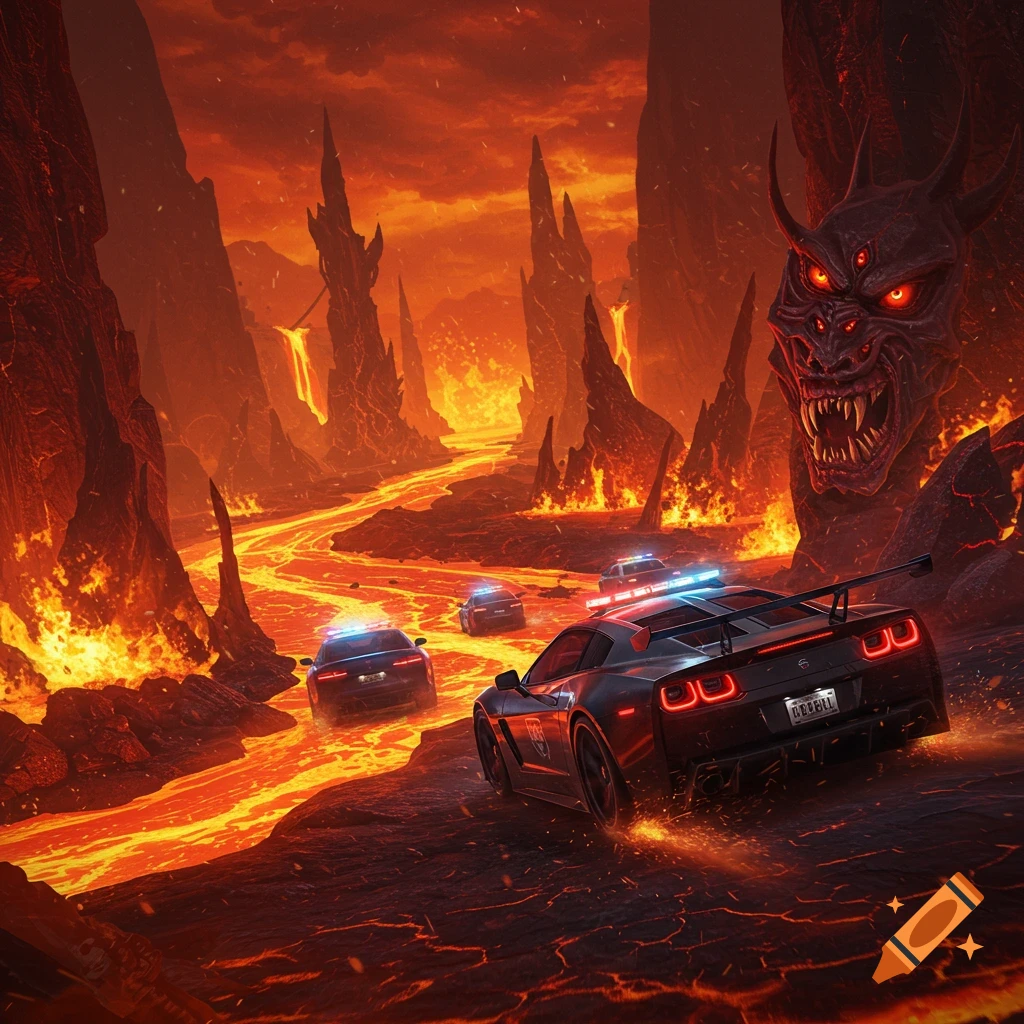 A scene of police cars chasing a car through a hellish landscape with lava and a large demonic head.