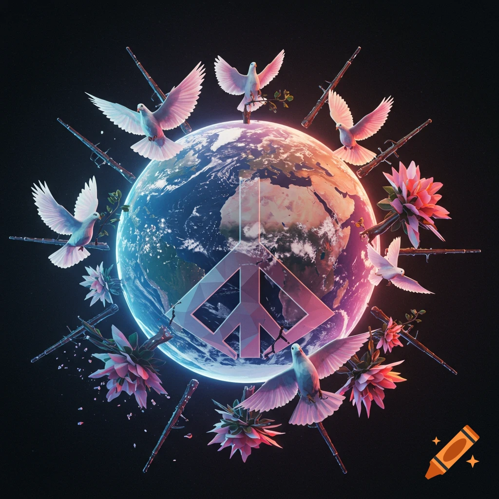 Doves fly around Earth with a peace symbol, surrounded by flowers and broken rifles in a stylized rendering.