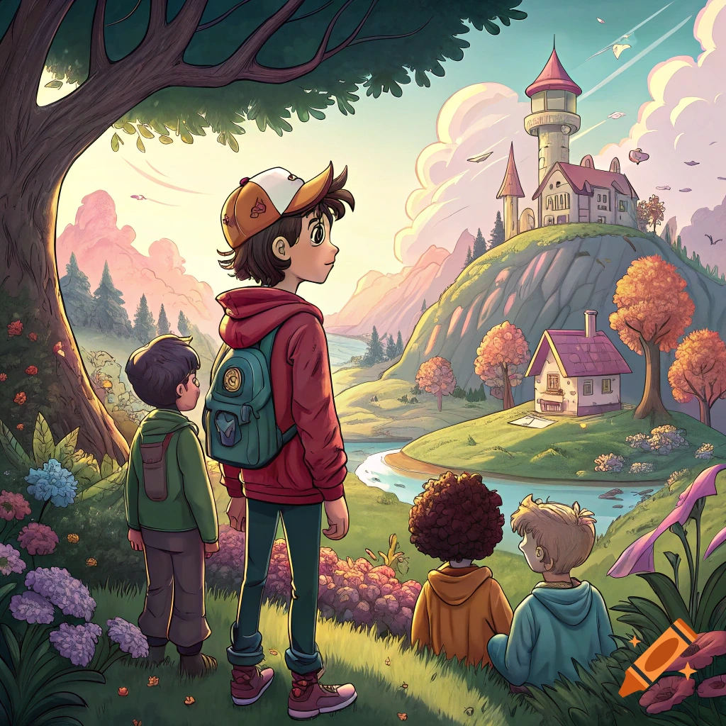 Four children look out over a fantasy landscape with a castle, river, and mountains at sunset. Cartoon illustration style.