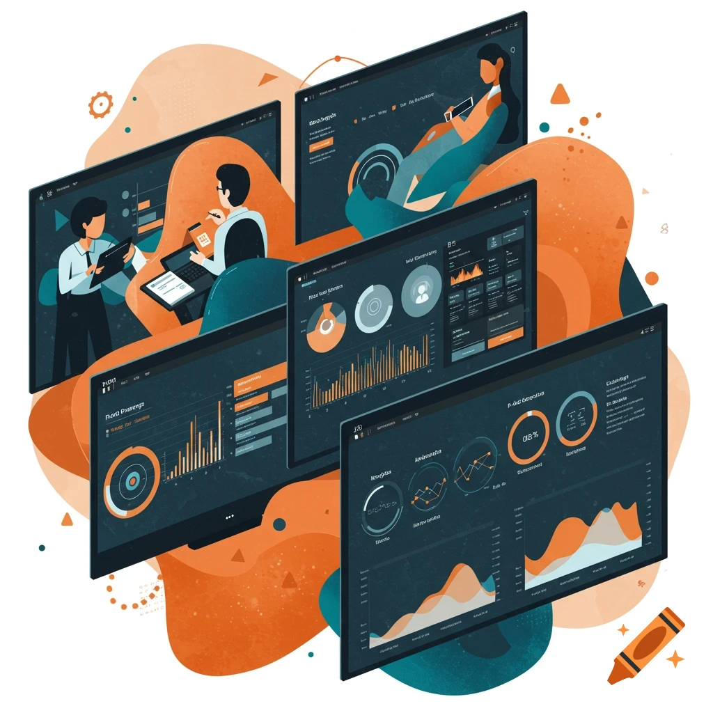 Digital illustration of multiple screens displaying business data visualizations and charts, with stylized figures.