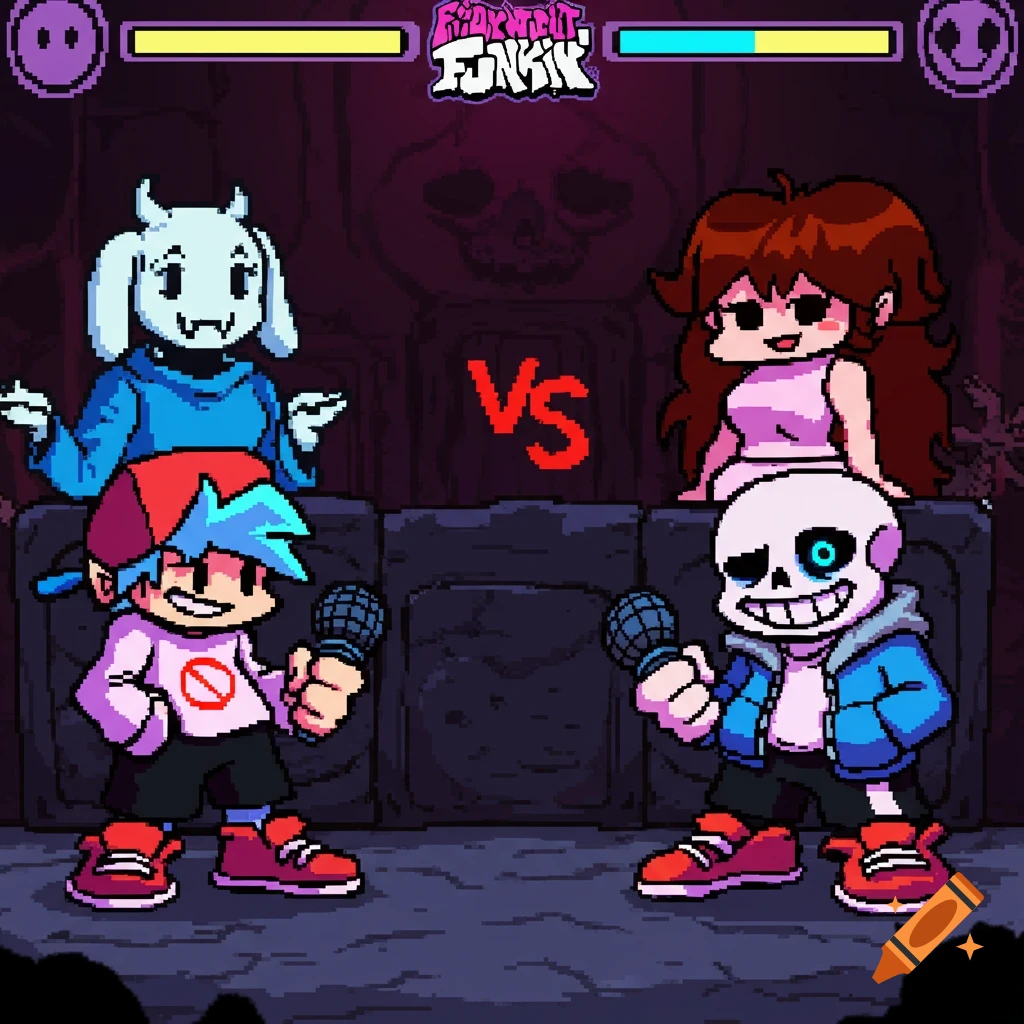 Pixel art game screen featuring a crossover battle between Boyfriend, Girlfriend, Sans, and Toriel.