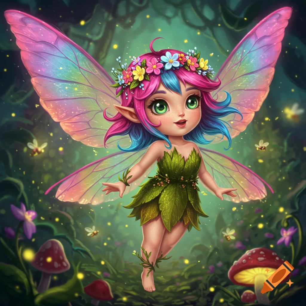 A cute fairy with colorful hair and iridescent wings flies in a magical forest.