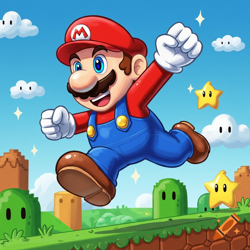 Cartoon illustration of Mario jumping over a video game level with stars and clouds.
