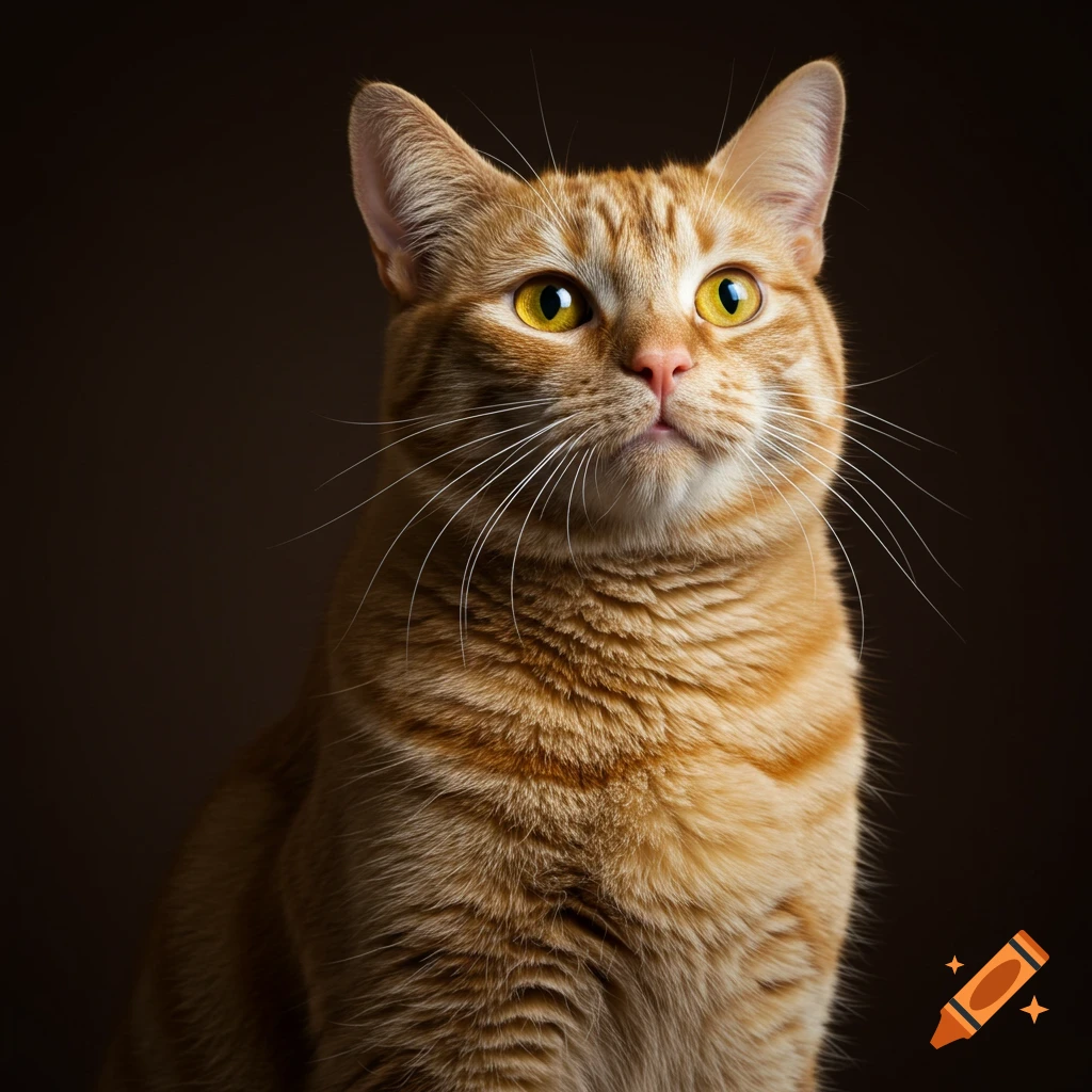 Portrait of an orange tabby cat with bright yellow eyes against a dark background.