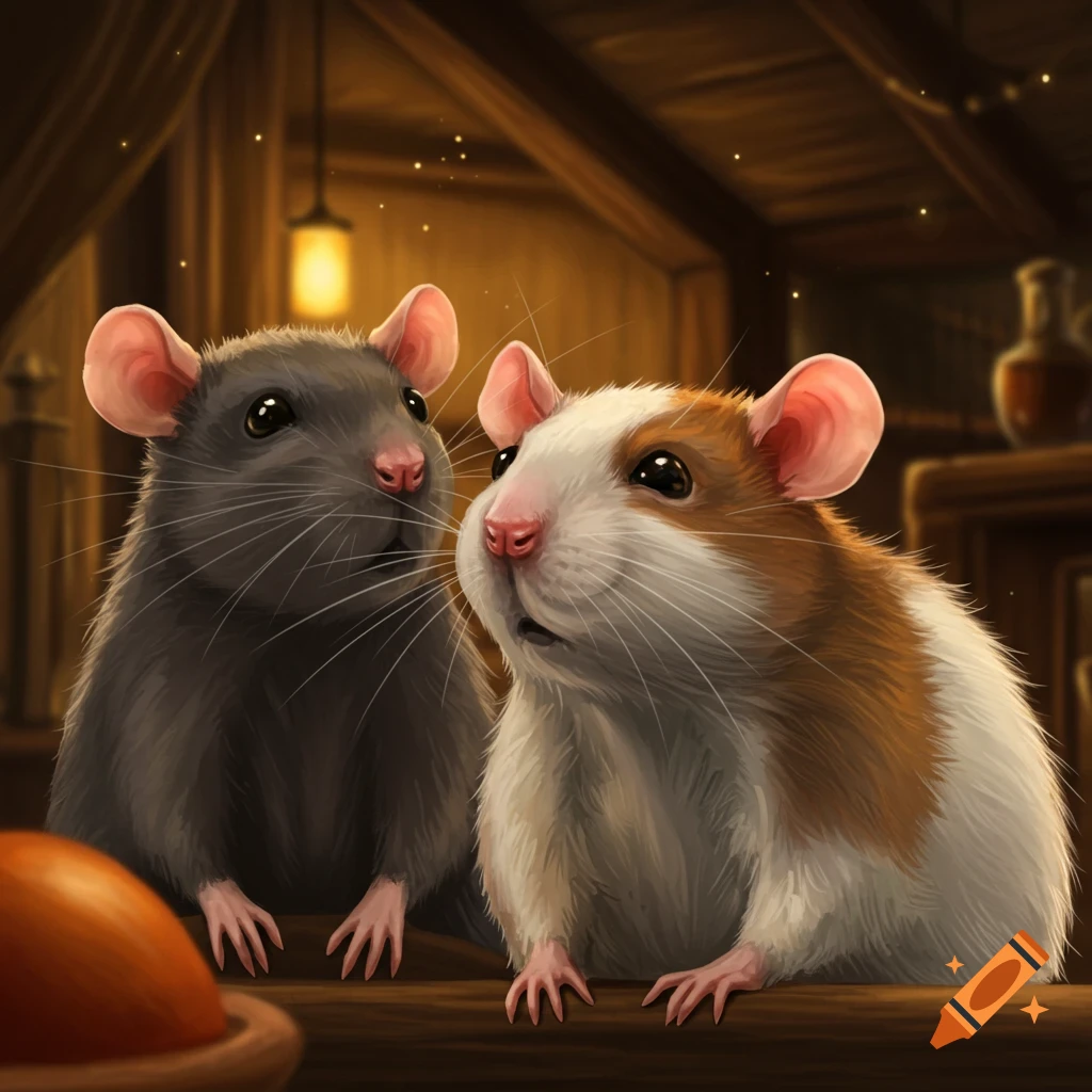 A dark grey rat and a white and brown rat in a rustic interior.
