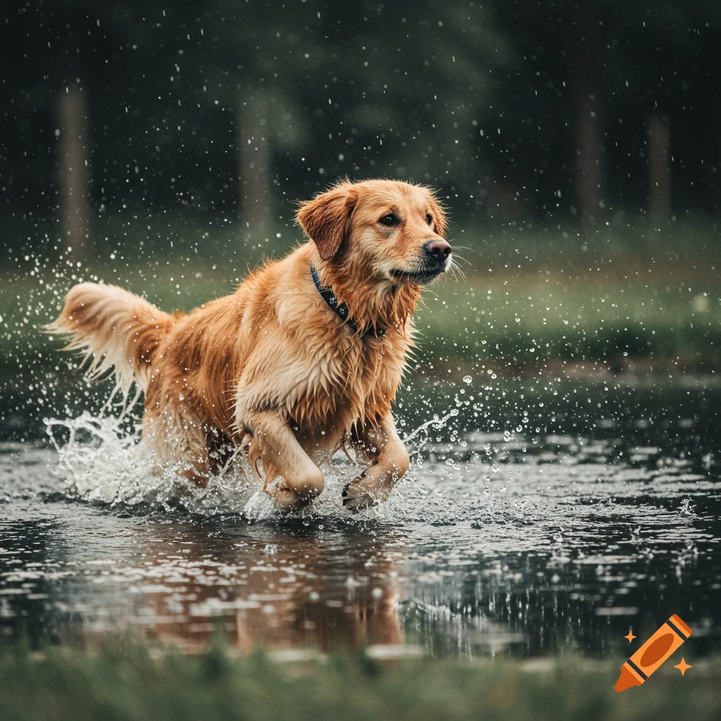 Golden retriever runs through water, splashing, in a natural setting.