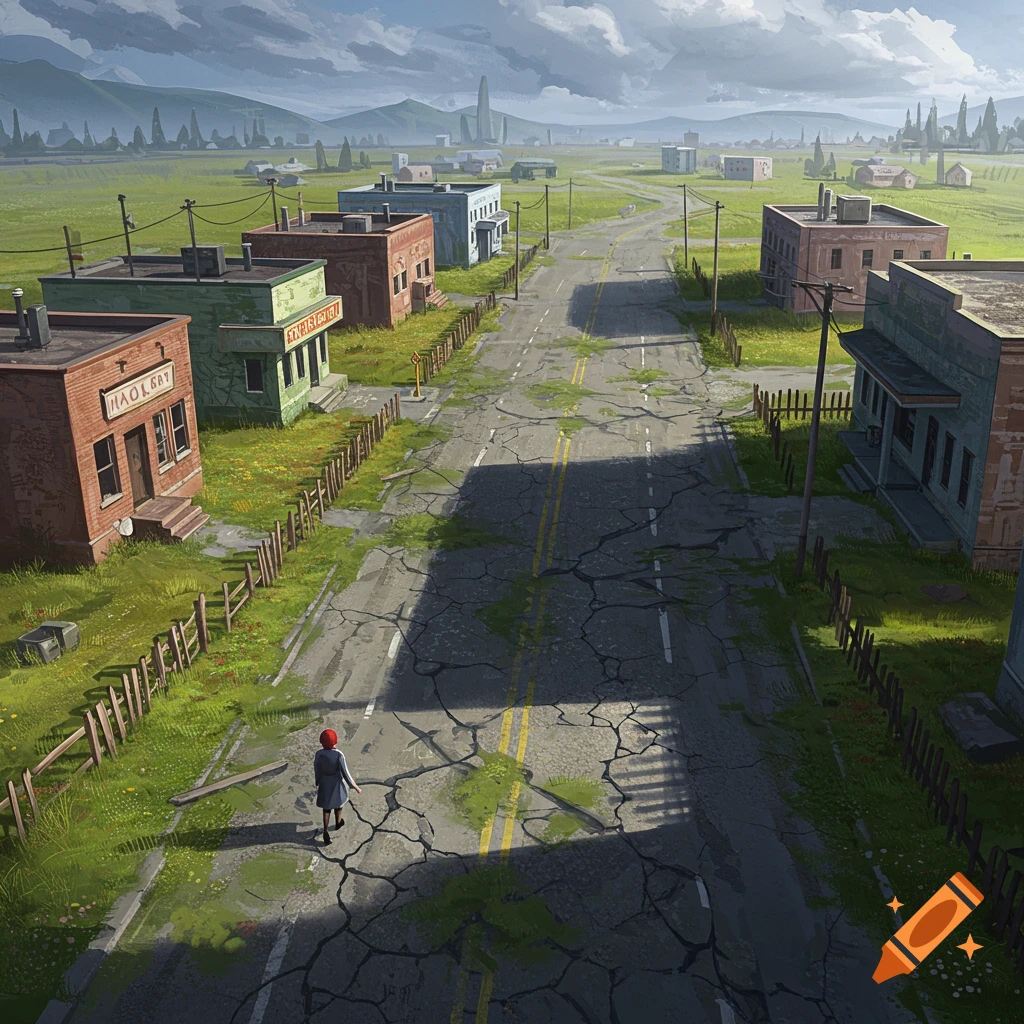 A small figure walks down a cracked, overgrown road through an empty, dilapidated town.