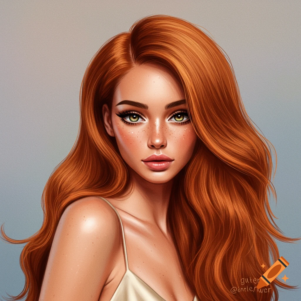 Portrait of a woman with long copper hair and freckles.