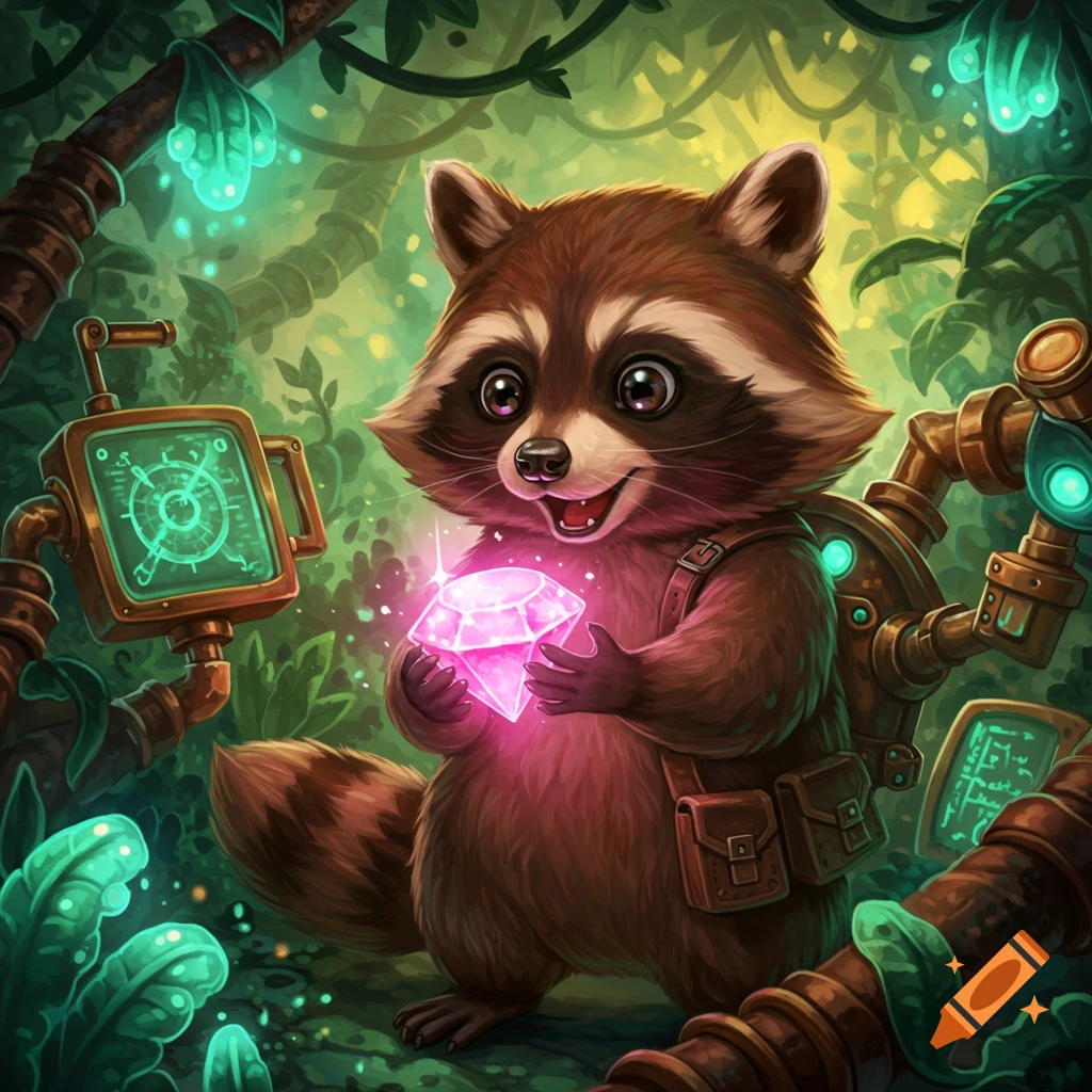 A cute raccoon holds a glowing pink diamond in a solarpunk jungle with mechanical devices, digital art style.