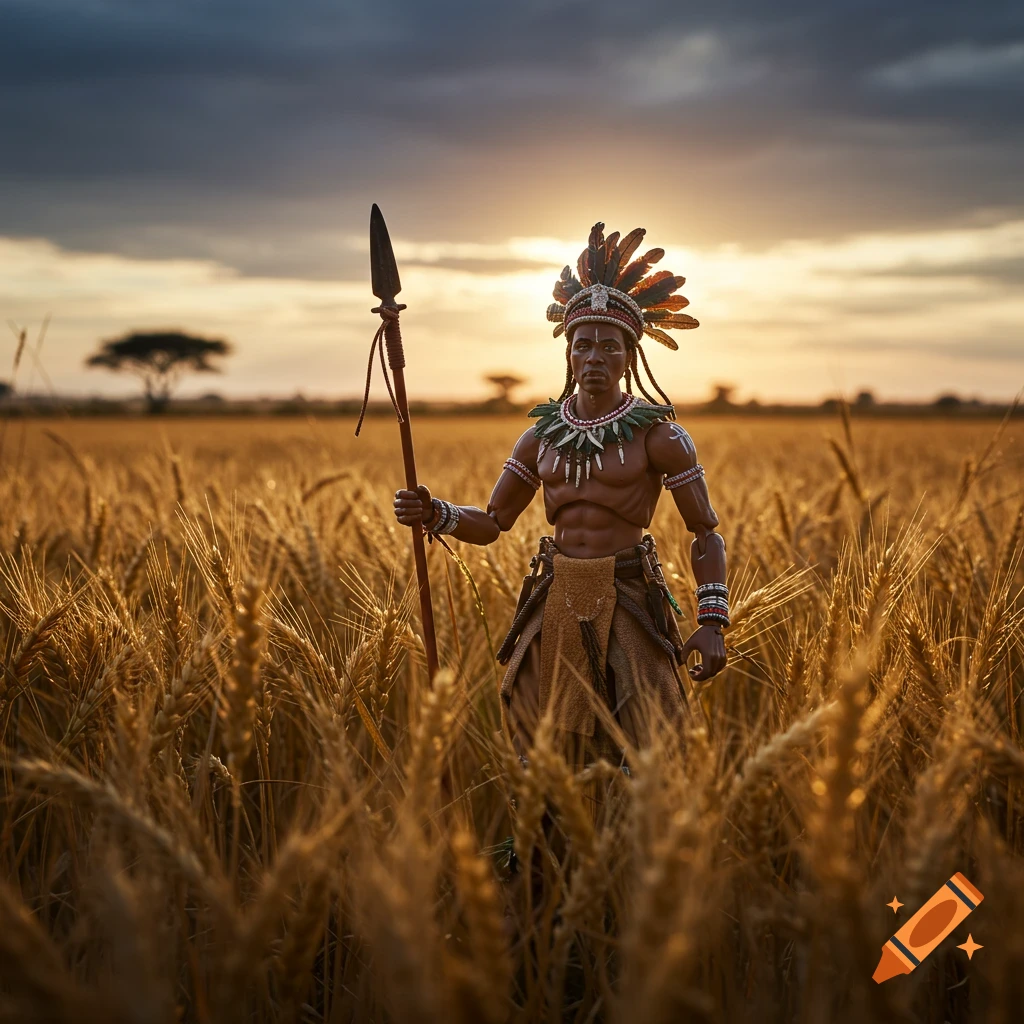Photorealistic action figure of a Masa chief holding a spear in a wheat field at sunset.