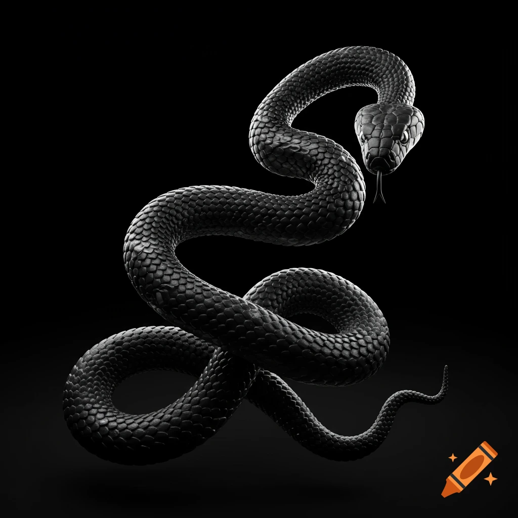 A black serpent snake is coiled and posed against a black background in a realistic 3D render style.
