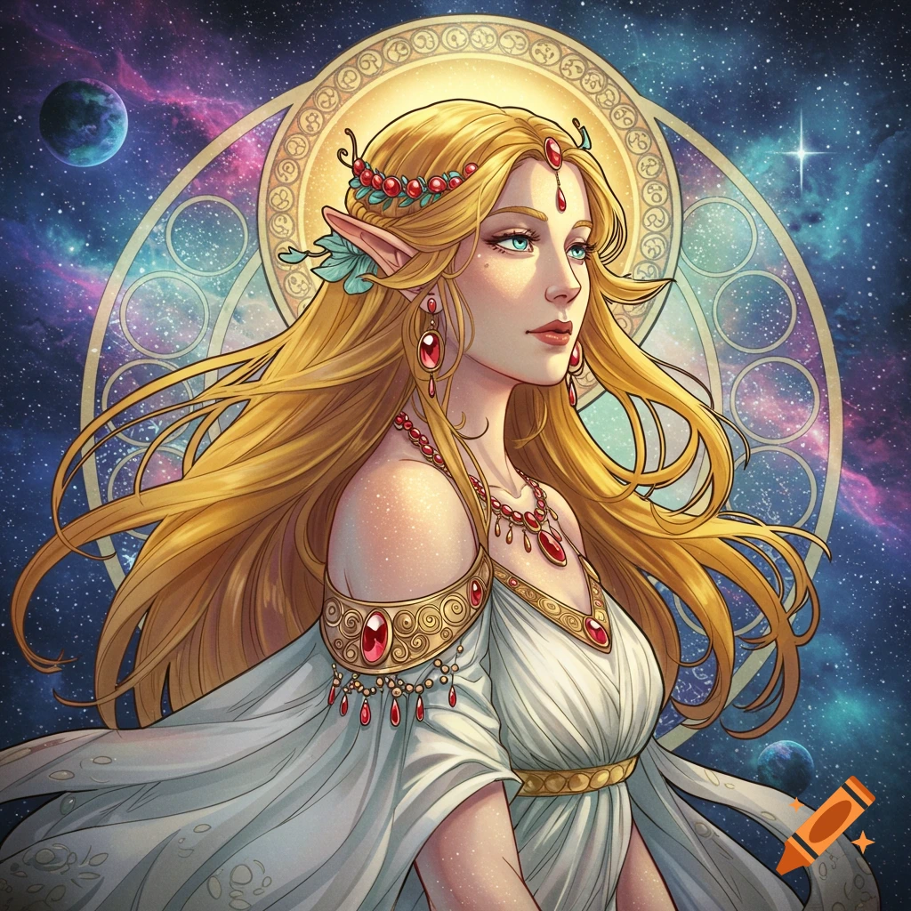 A fantasy goddess with long blonde hair, pointed ears, and a white dress, against a cosmic stained glass background.