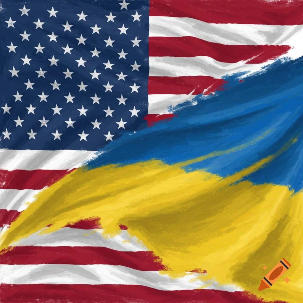 Mixed US and Ukrainian flags