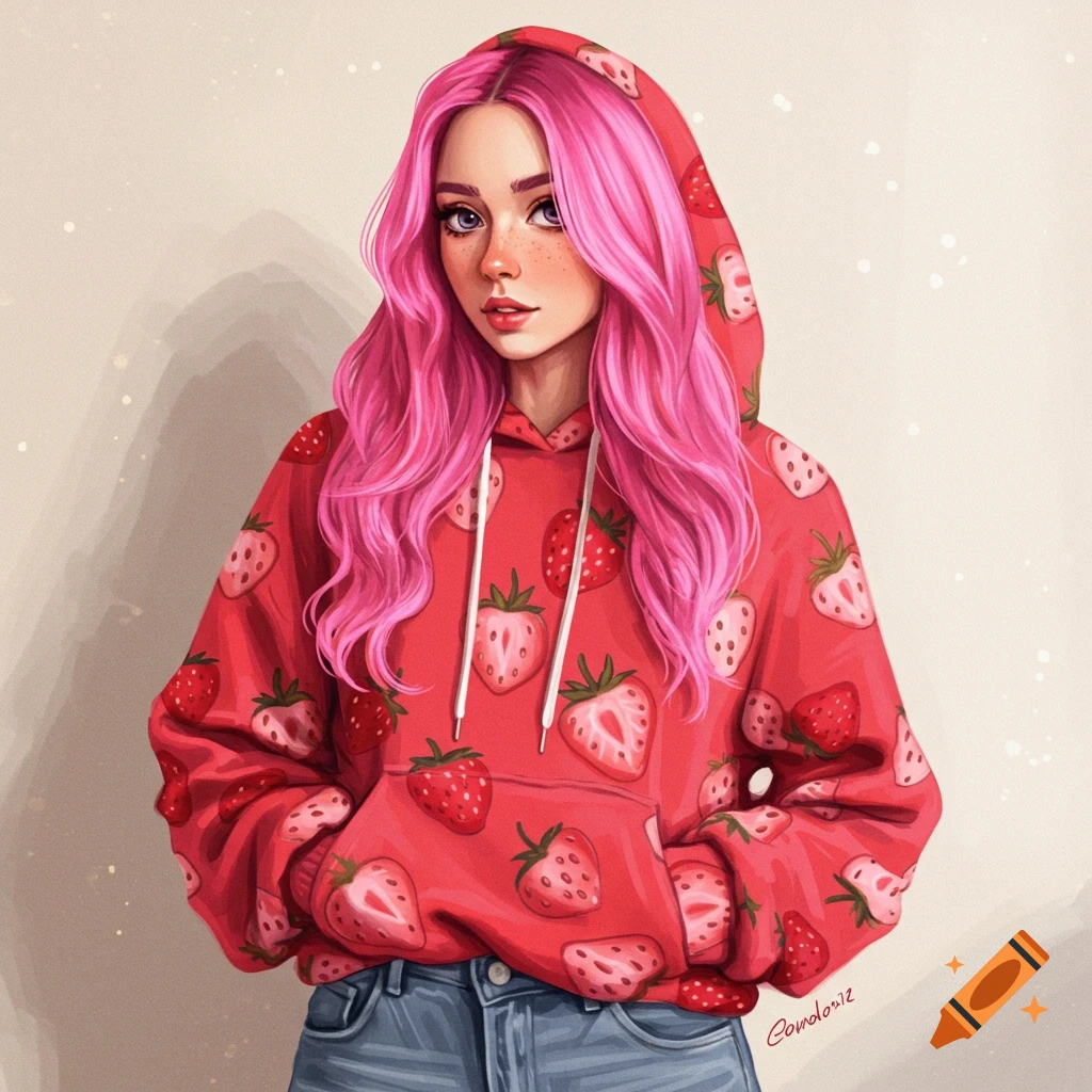 A woman with pink hair wearing a red strawberry hoodie.
