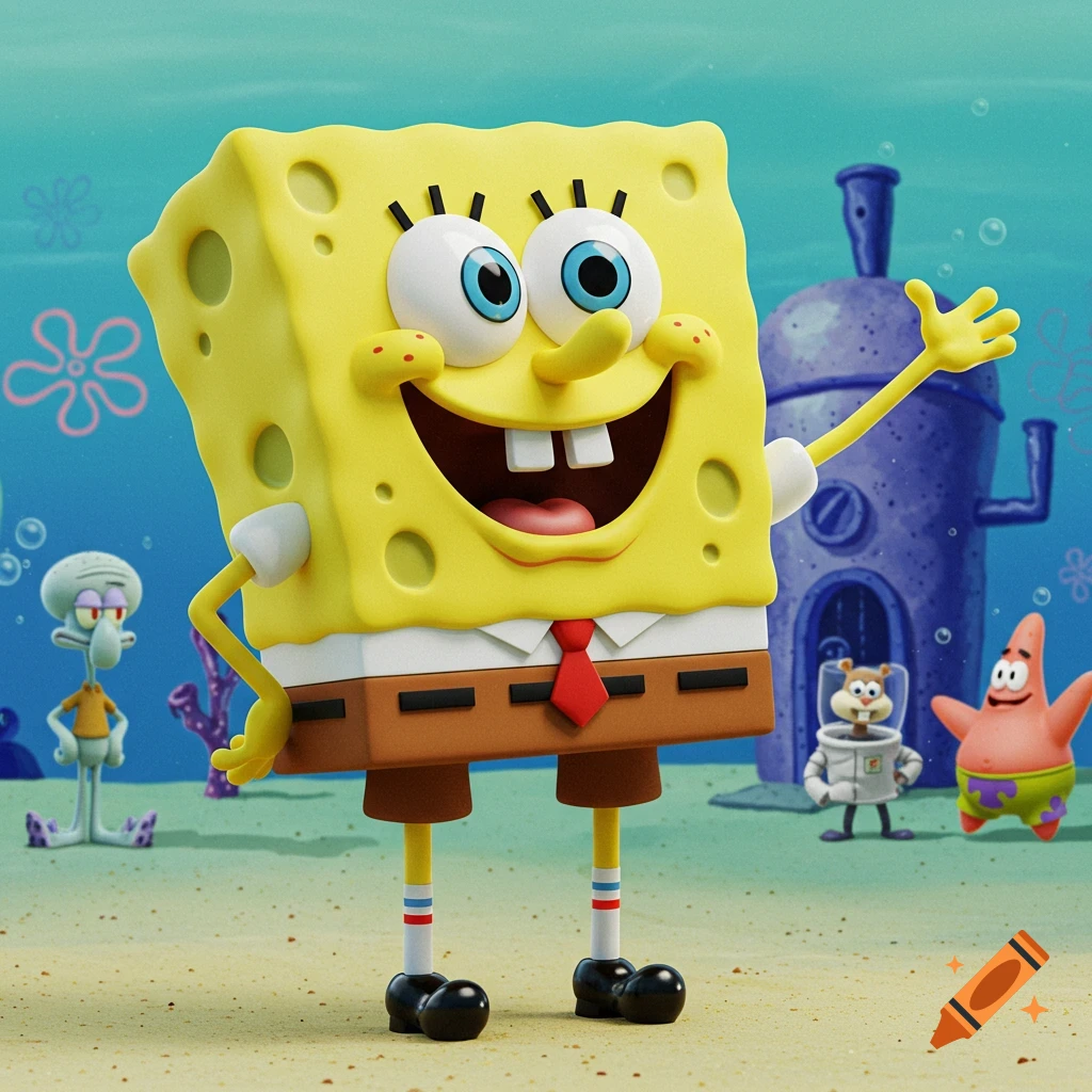 3D render of Spongebob Squarepants waving, with Squidward, Sandy, and Patrick nearby