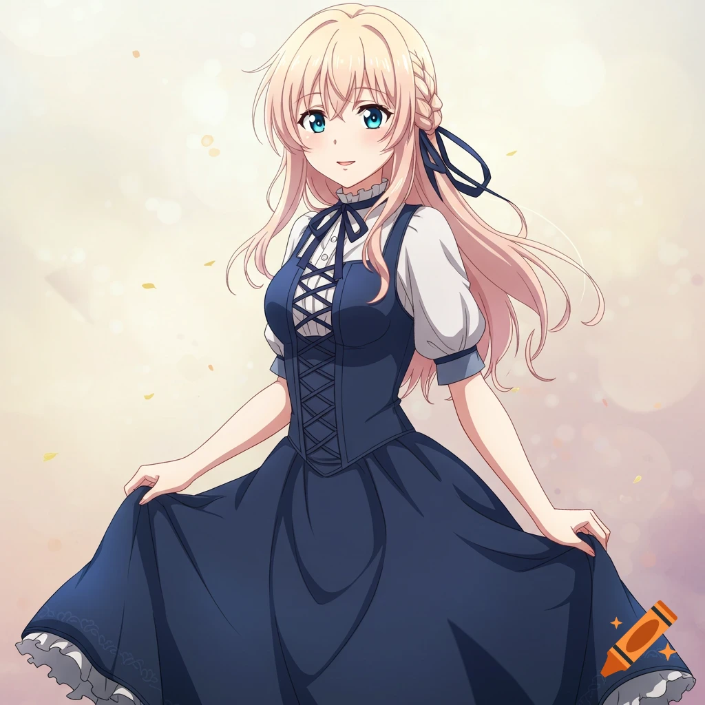 An anime girl with blonde hair and blue eyes in a dark blue dress holds up her skirt.
