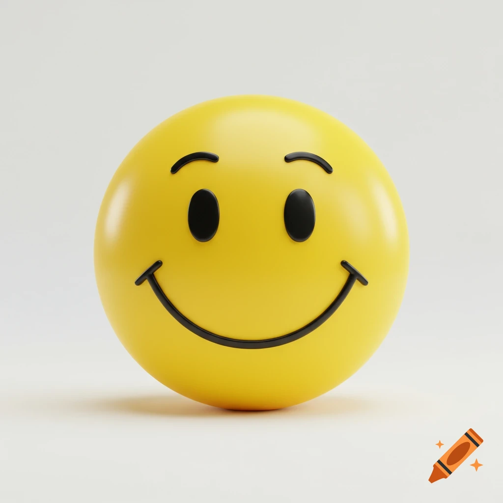 A 3D rendering of a classic yellow smiley face.