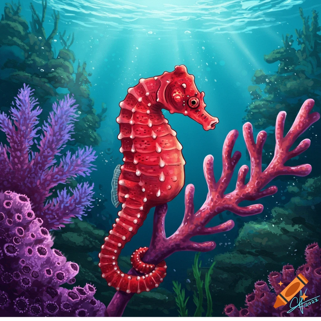 A red seahorse clings to purple coral in a bright underwater scene, digital art.