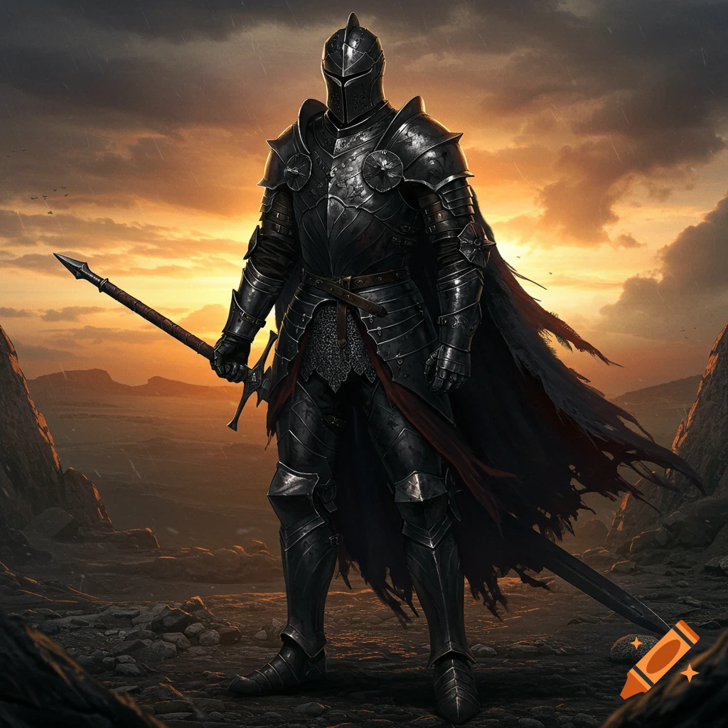 A knight in black armor stands holding a spear in a rocky landscape at sunset.