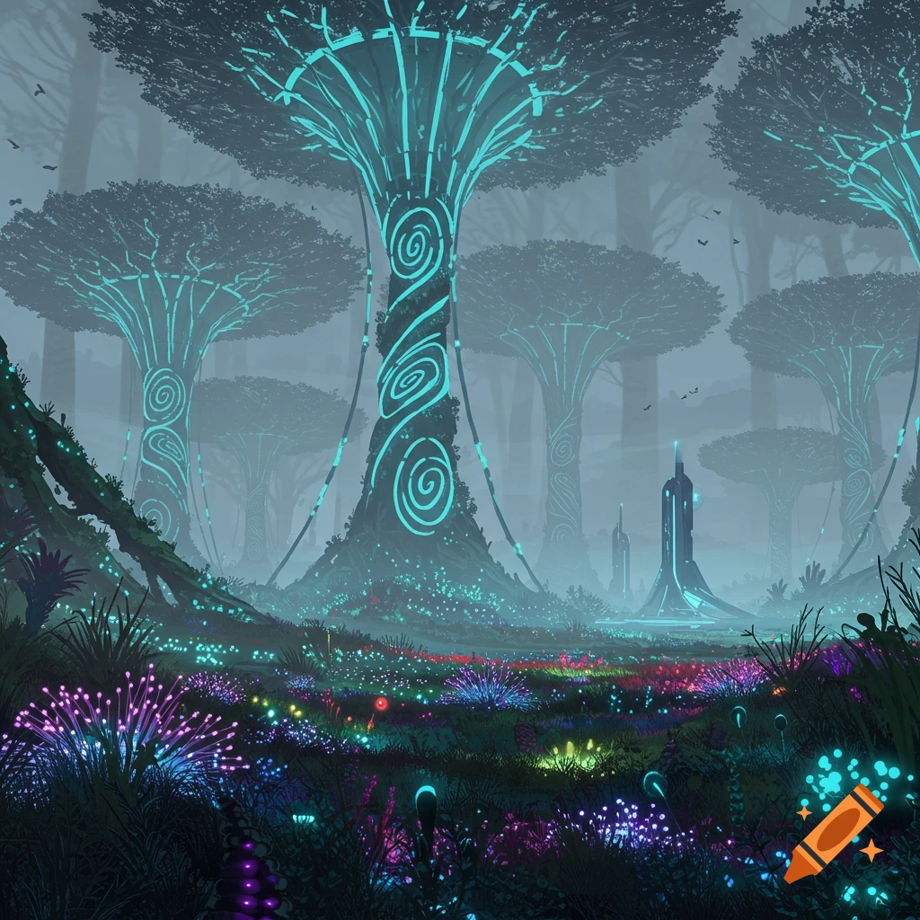 A futuristic forest with glowing trees and plants.