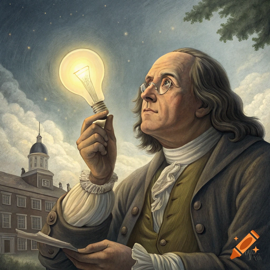 Illustration of Benjamin Franklin holding a glowing light bulb under a starry sky, with a building in the background.