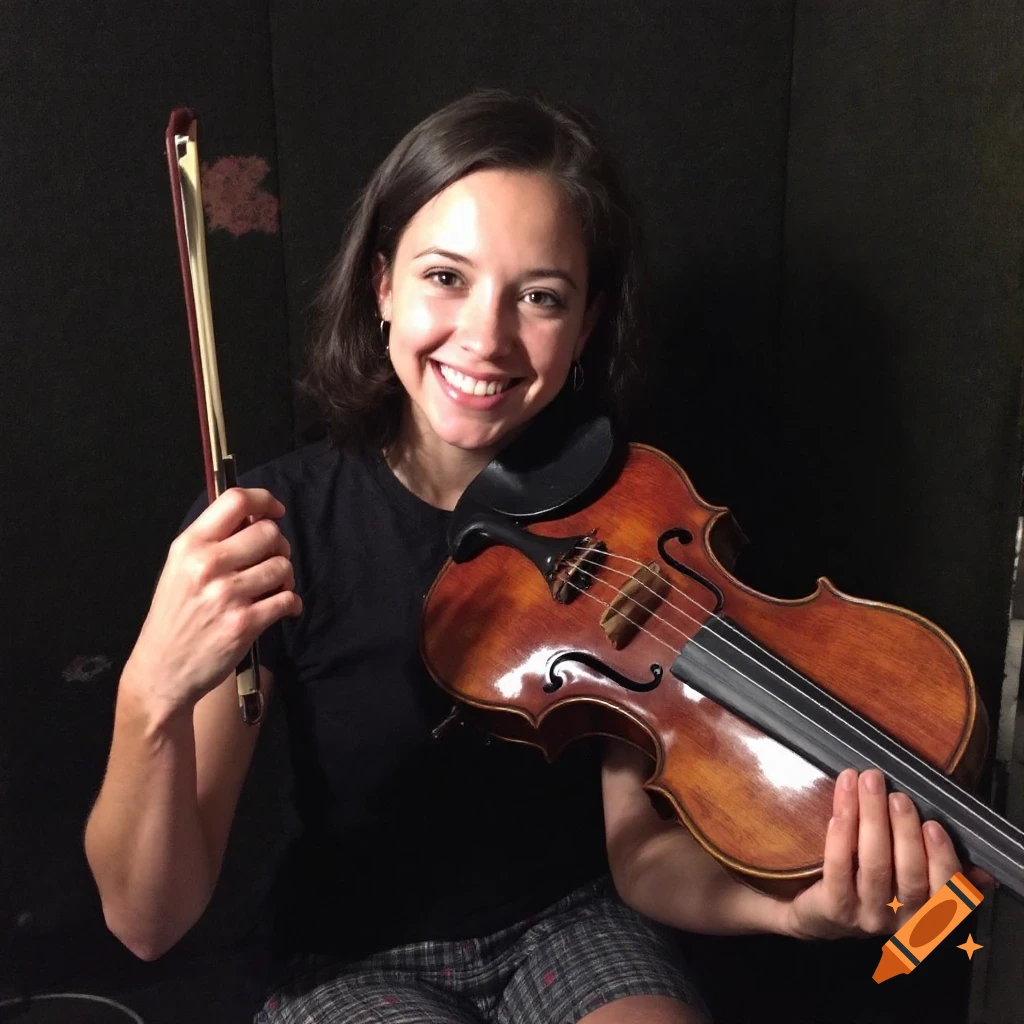A young woman smiles while holding a violin and bow.