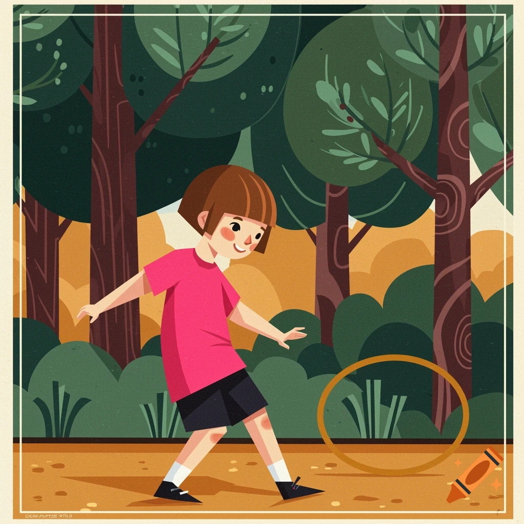 Illustration of a child playing with a hoop in a park in Art Deco style