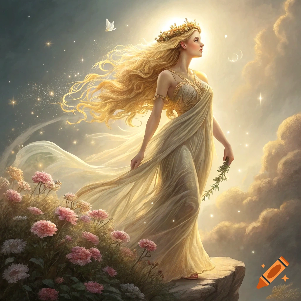 Fantasy art of a goddess-like woman in a golden dress on a rock surrounded by flowers, light, and stars.