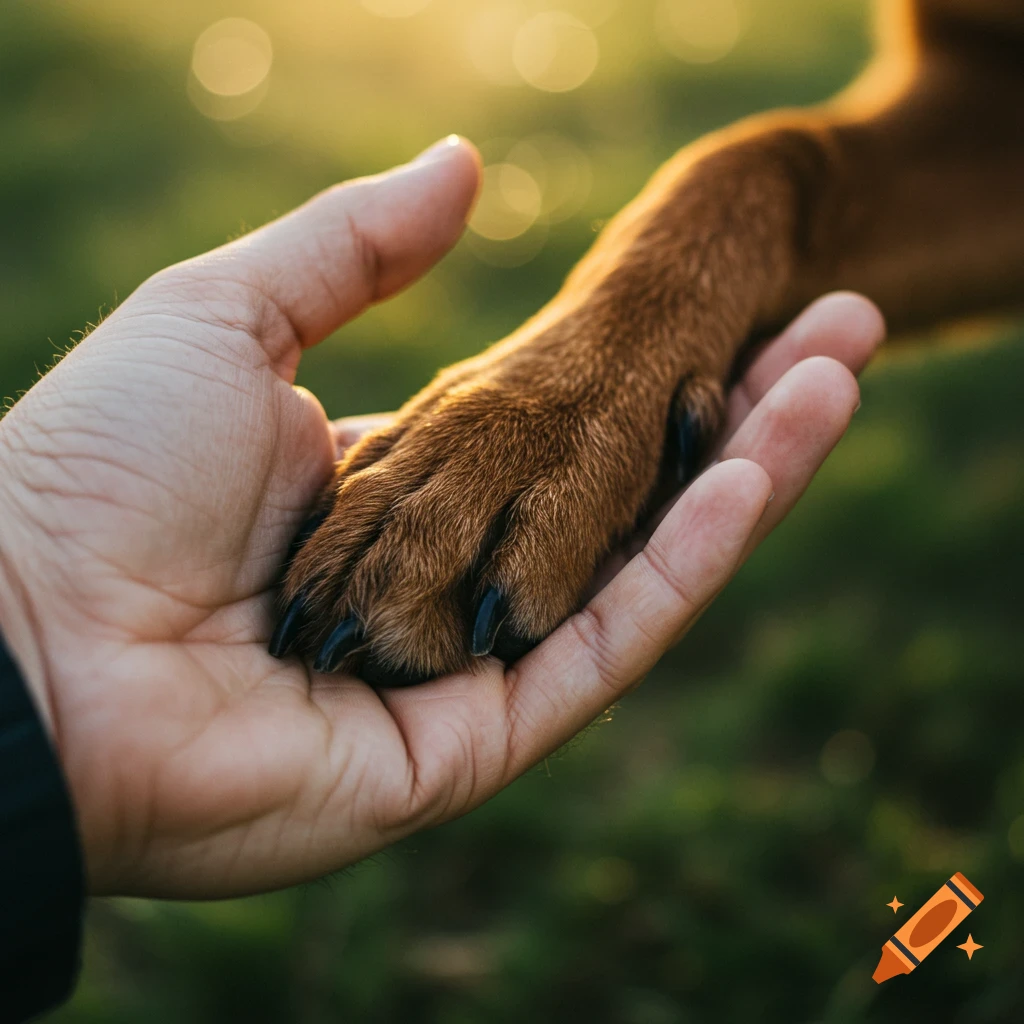 A human hand gently holds a dog's paw outdoors at sunset.