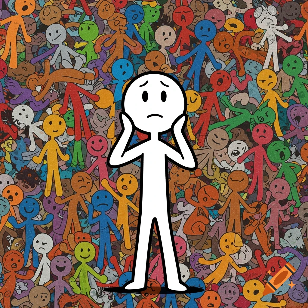 A confused white stick figure holds its head surrounded by a dense, colorful crowd of other stick figures with various expressions.