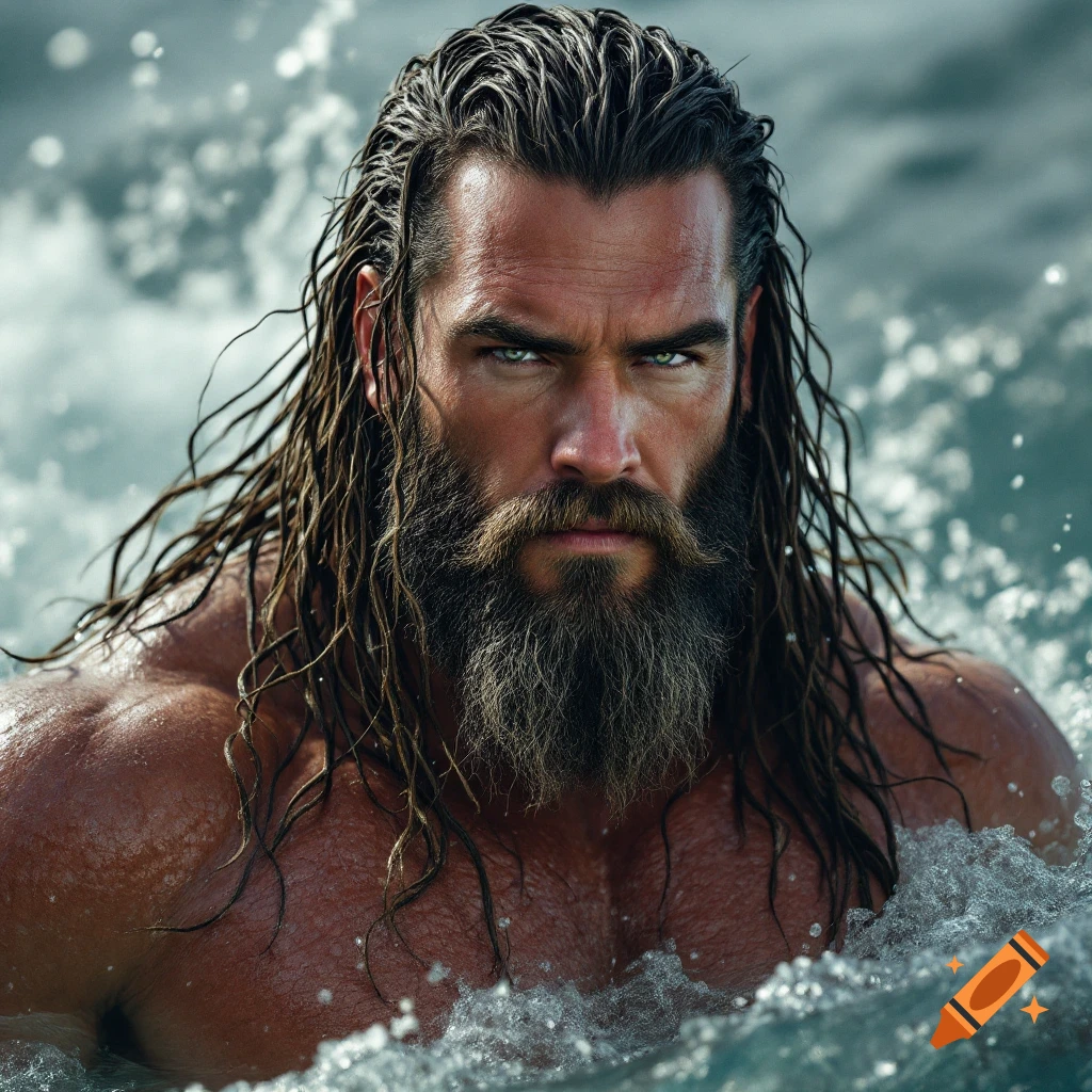A powerful looking man with long wet hair and a beard emerges from the ocean.