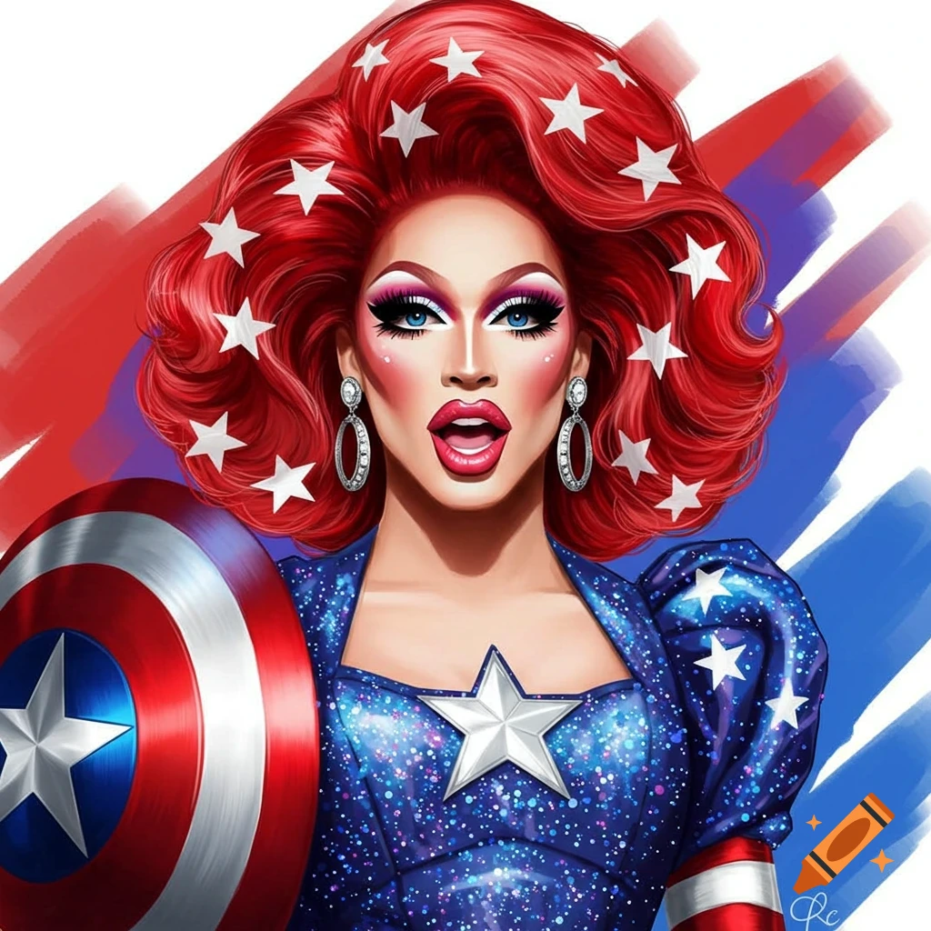 A person in drag dressed as Captain America is holding a shield.