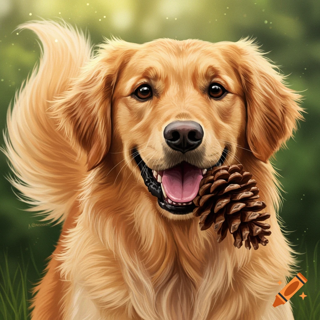 A golden retriever dog holds a pinecone in its mouth