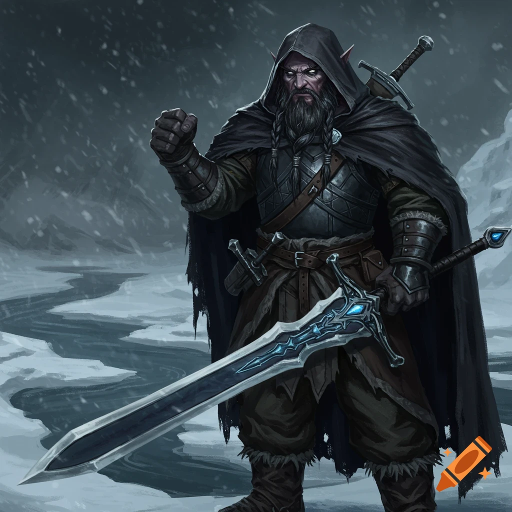 A hooded fantasy character with a beard and sword is in a snowy landscape.