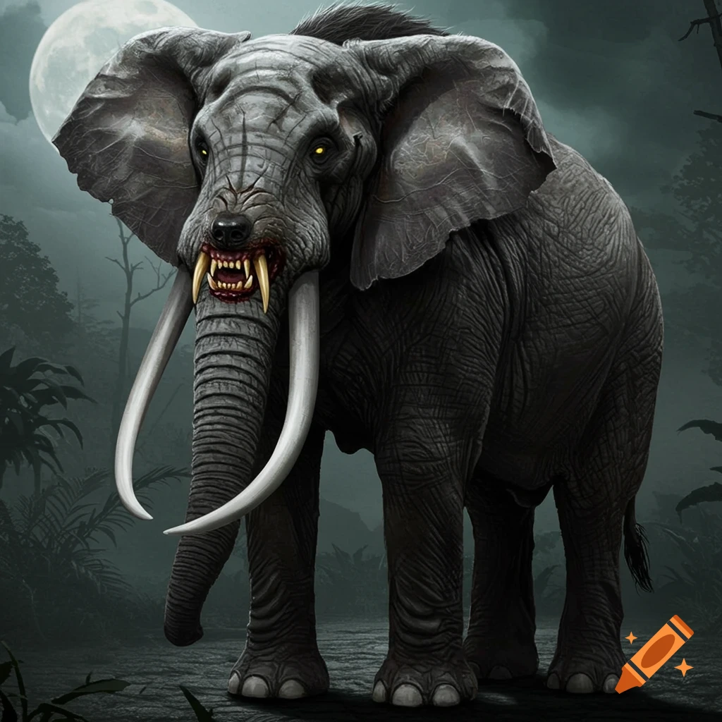 A monstrous elephant with large tusks, fangs, and glowing eyes stands in a dark forest under a full moon.