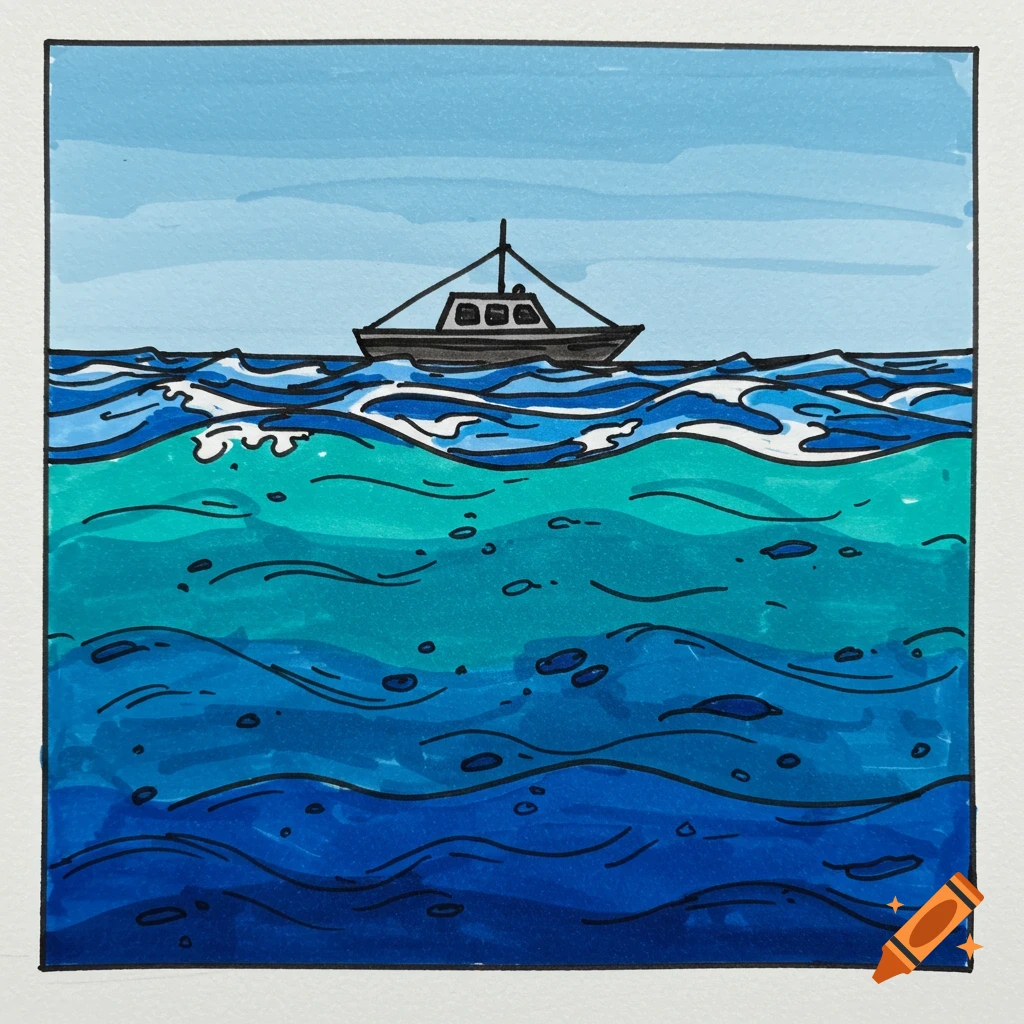 A sharpie art drawing of a boat on the ocean with dark water below.