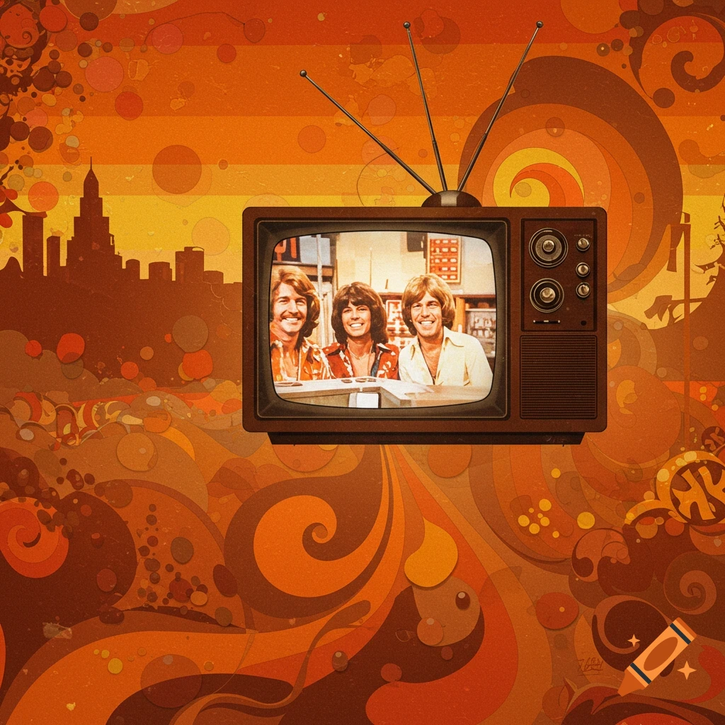 70s style image of an old TV with three men against an abstract orange background and city silhouette.