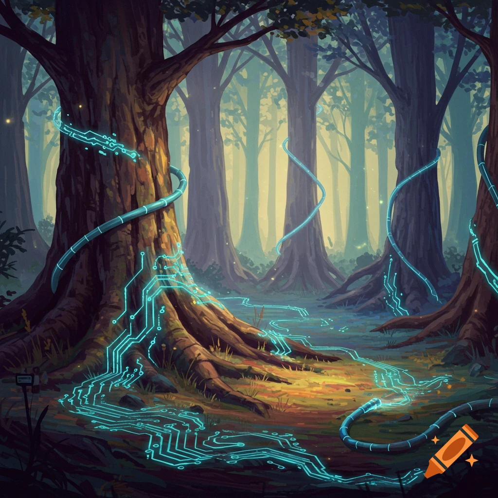 A forest where trees are connected by glowing blue digital circuitry and conduits.