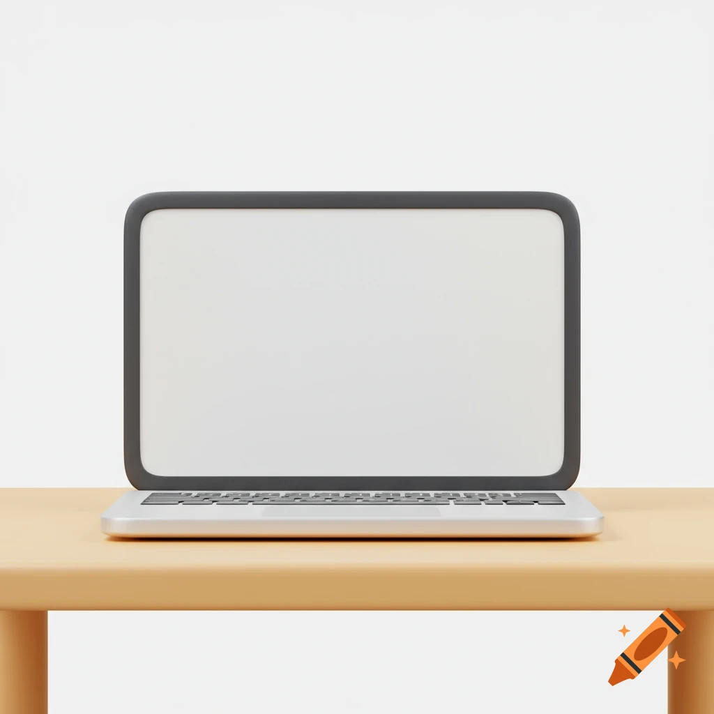A 3D cartoon illustration of a laptop with a white screen on a light brown desk.