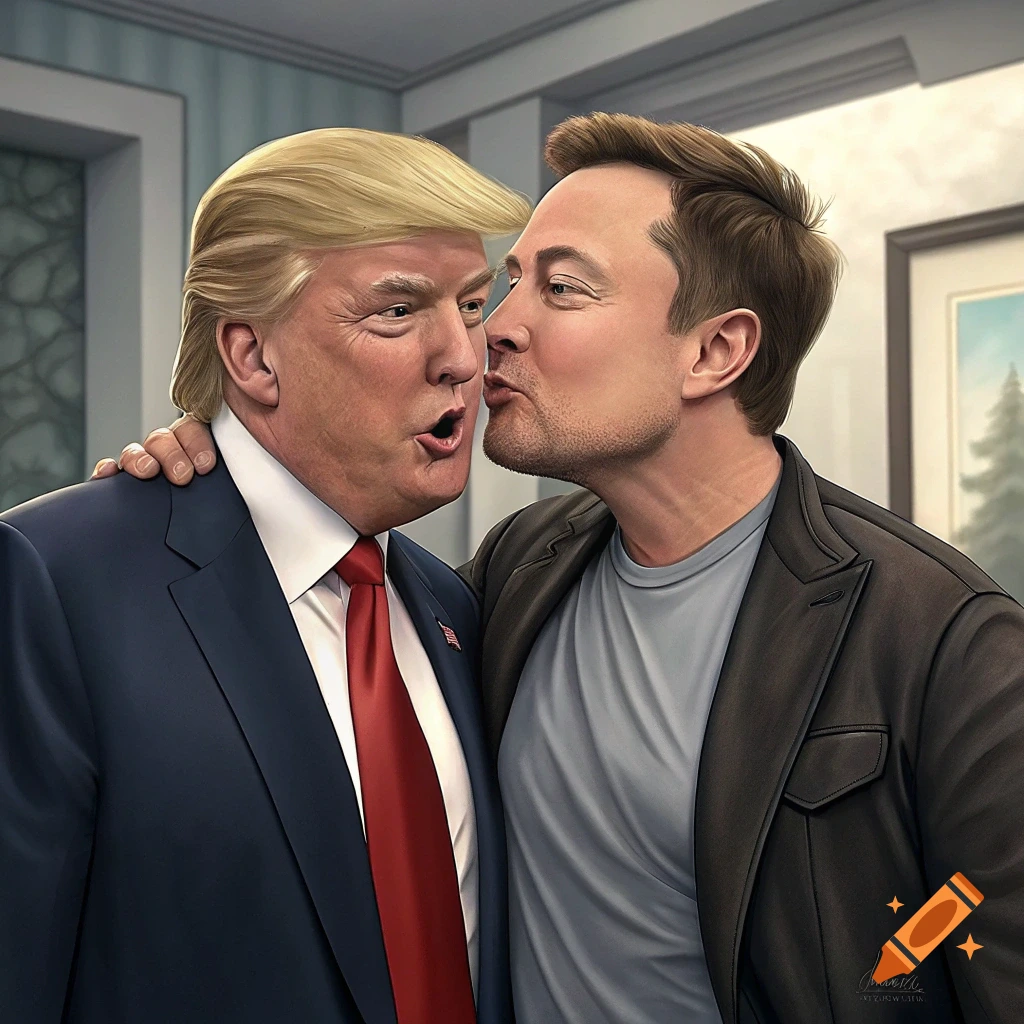 Illustration of Elon Musk kissing Donald Trump on the cheek