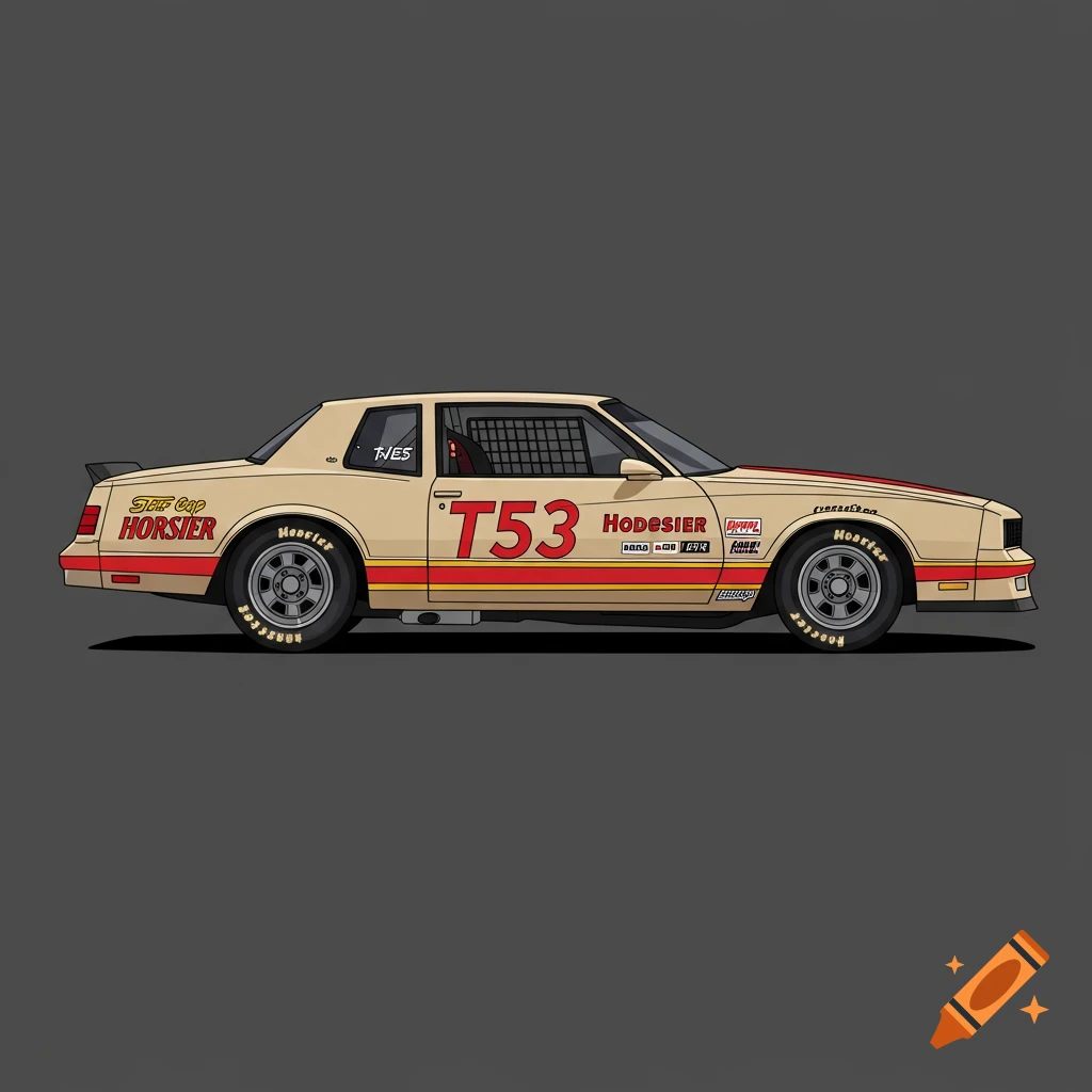 Side view of a beige 1980s Monte Carlo race car cartoon with red and yellow stripes.