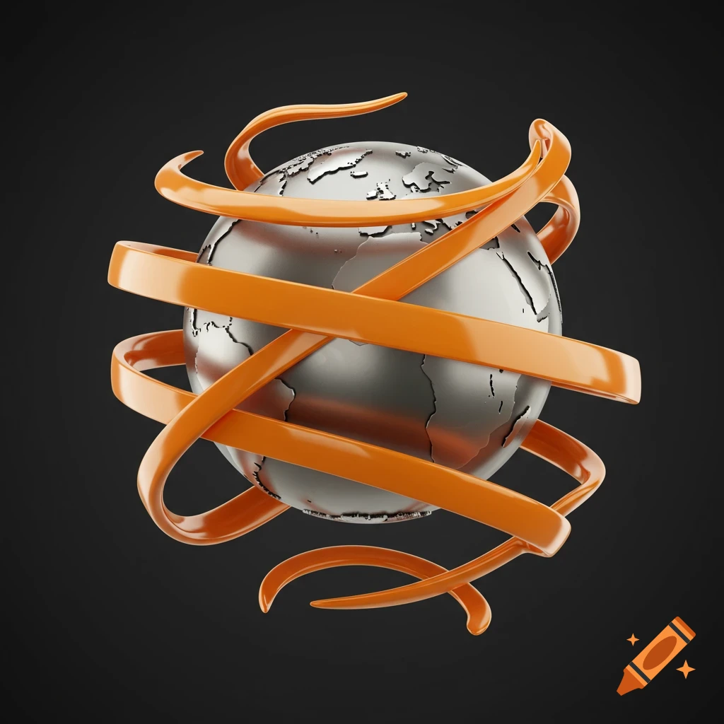 A shiny metallic globe wrapped in orange ribbons, against a dark background.