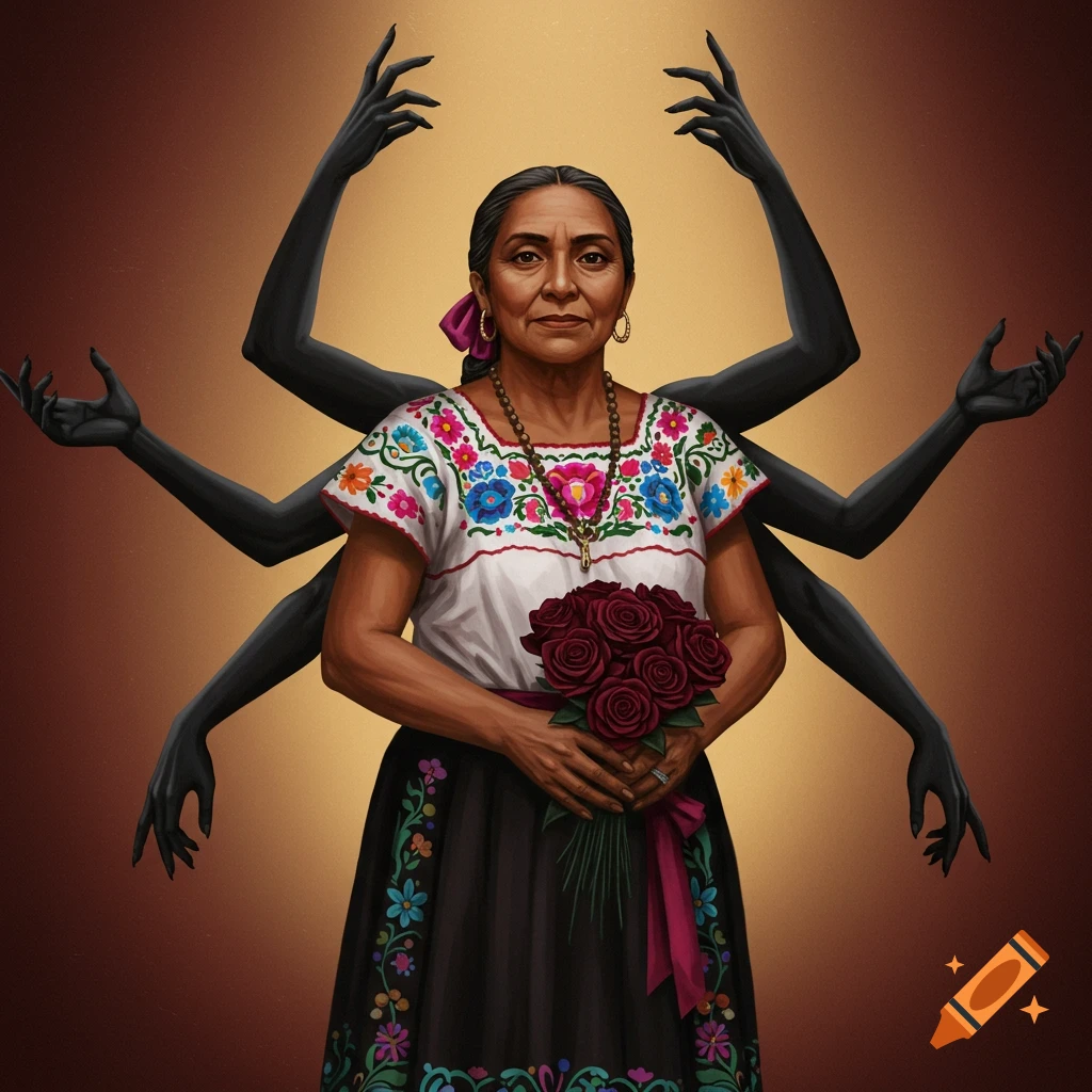A woman in traditional dress is surrounded by multiple black arms, each holding a red rose.