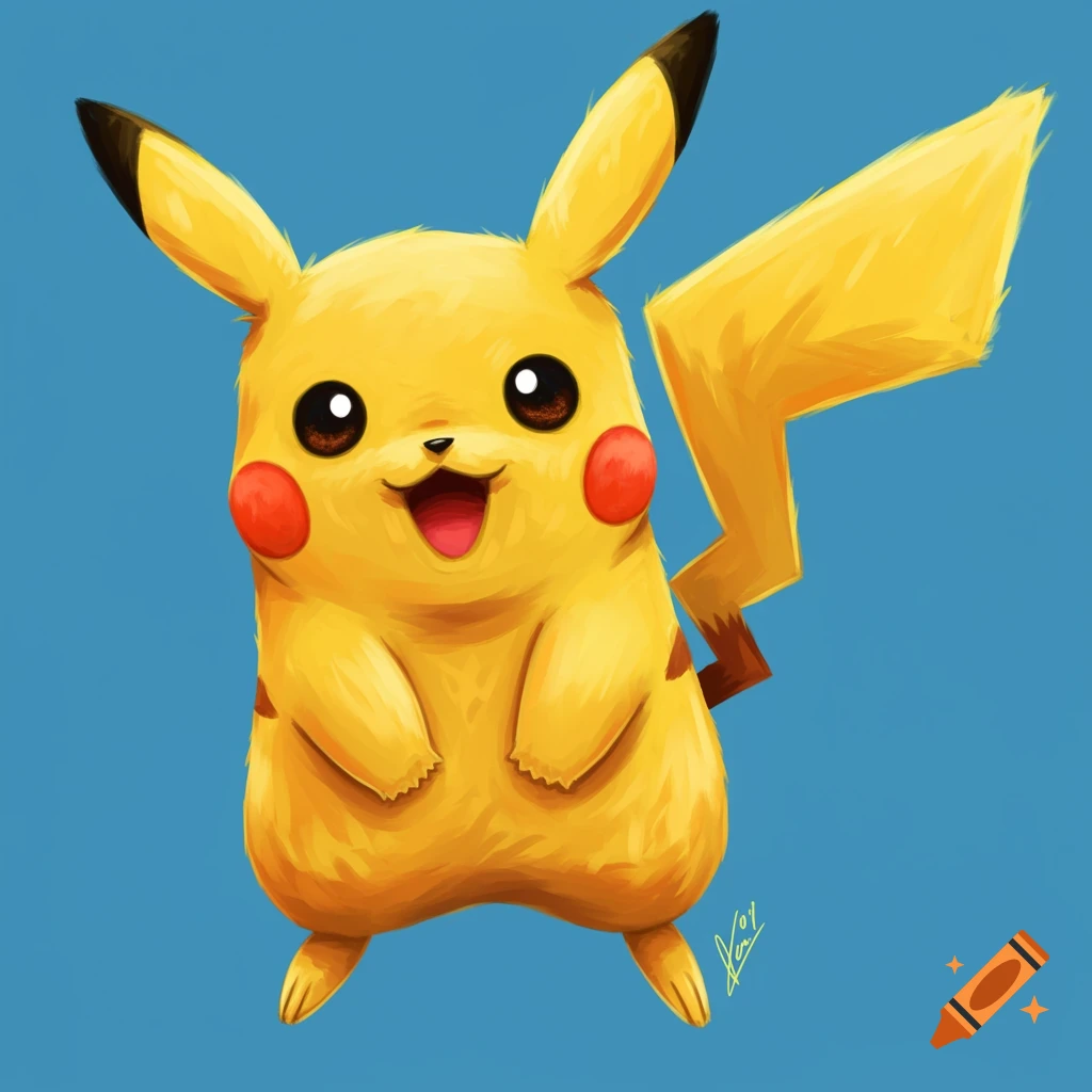 A smiling Pikachu against a blue background.