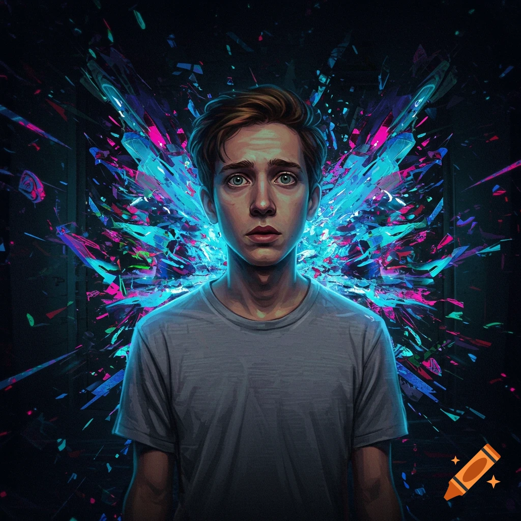 A young man looking shocked with a vibrant, chaotic abstract burst of color behind him.