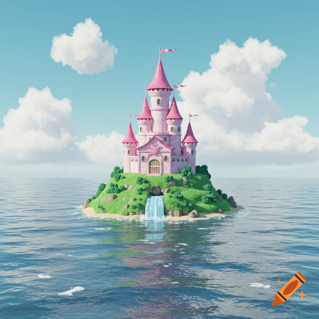 Pink castle on a small green island in the ocean with a waterfall and clouds.