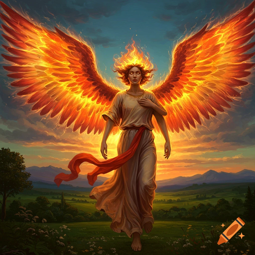 An angel with fiery wings stands in a field at sunset.